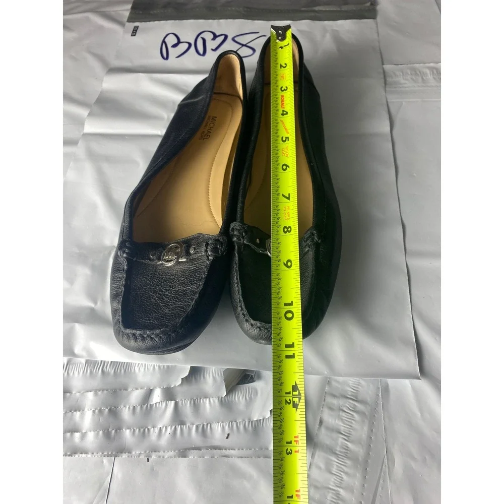 Michael Kors Black Leather Moc Loafers Silver MK‎ Logo Womens 7